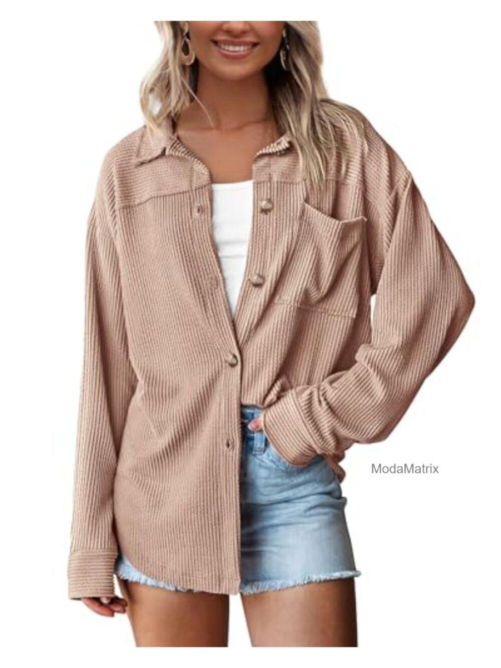 Oversized Textured Button Down Shirt Loose Fit Shacket Jacket